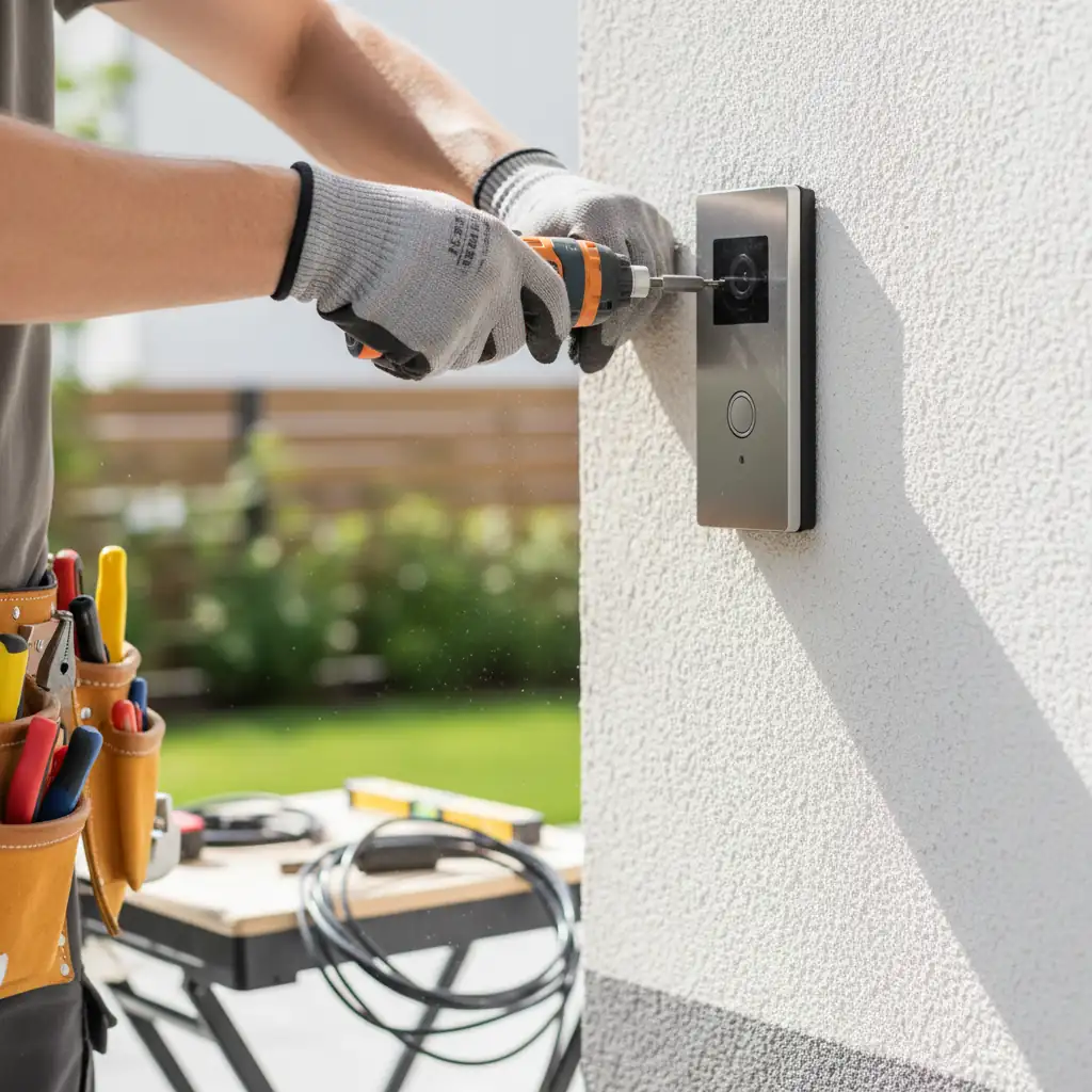 Technician installing a video intercom