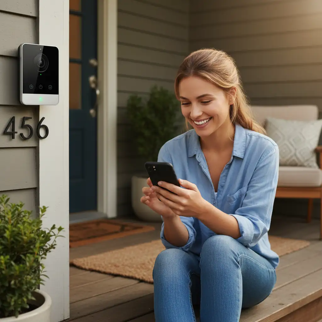 Happy customer using smartphone at home